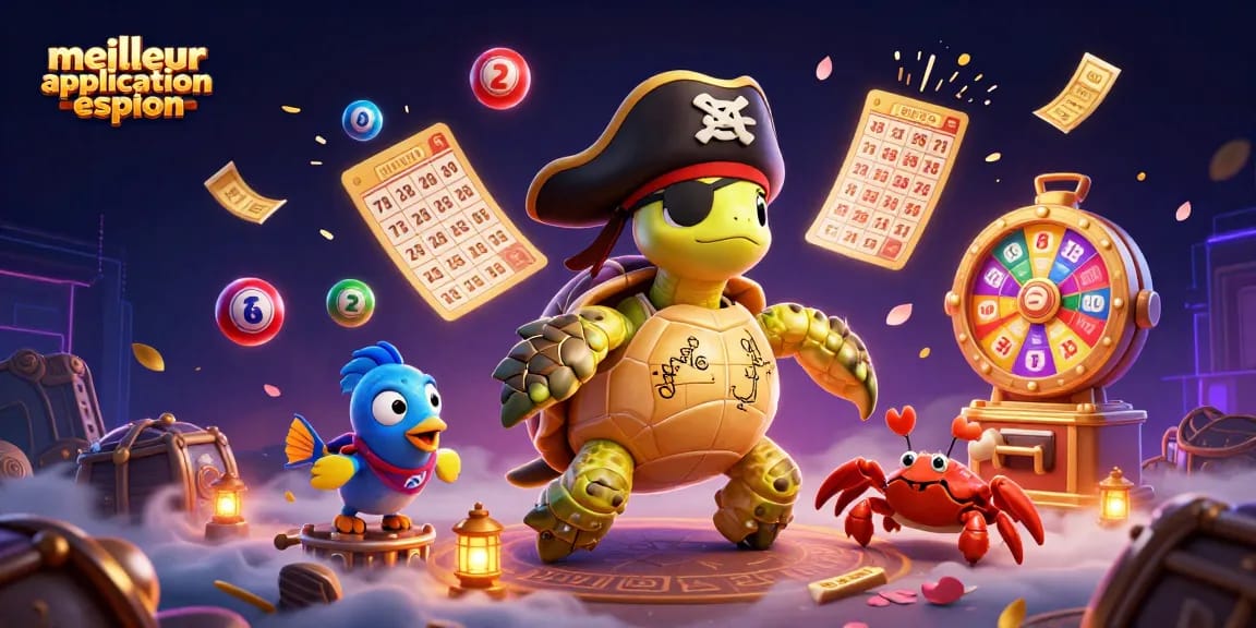 Découvrez la meilleure application espion : Illustration dynamique avec tortue pirate et éléments de loterie.