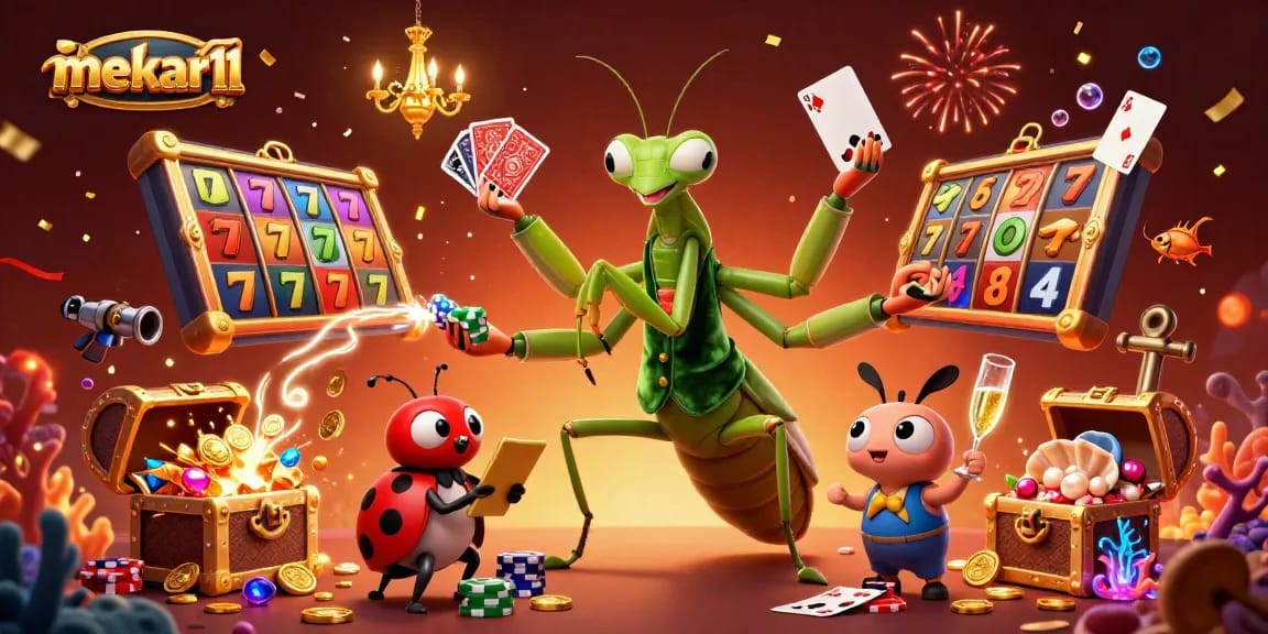Mekar11 casino action reveals giant mantis card sharp dealing cards and slots amidst a vibrant celebration