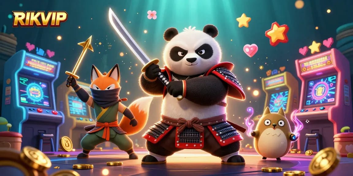 Engage with RIKVIP through a vibrant 3D casino scene showcasing characters, arcade elements, and magical energy.
