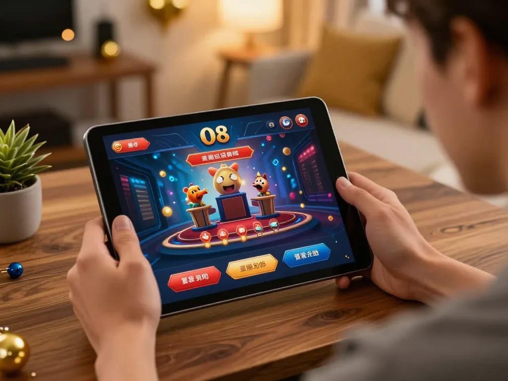 Player engages with the O8 casino app on a tablet, showcasing a cozy home gaming atmosphere.