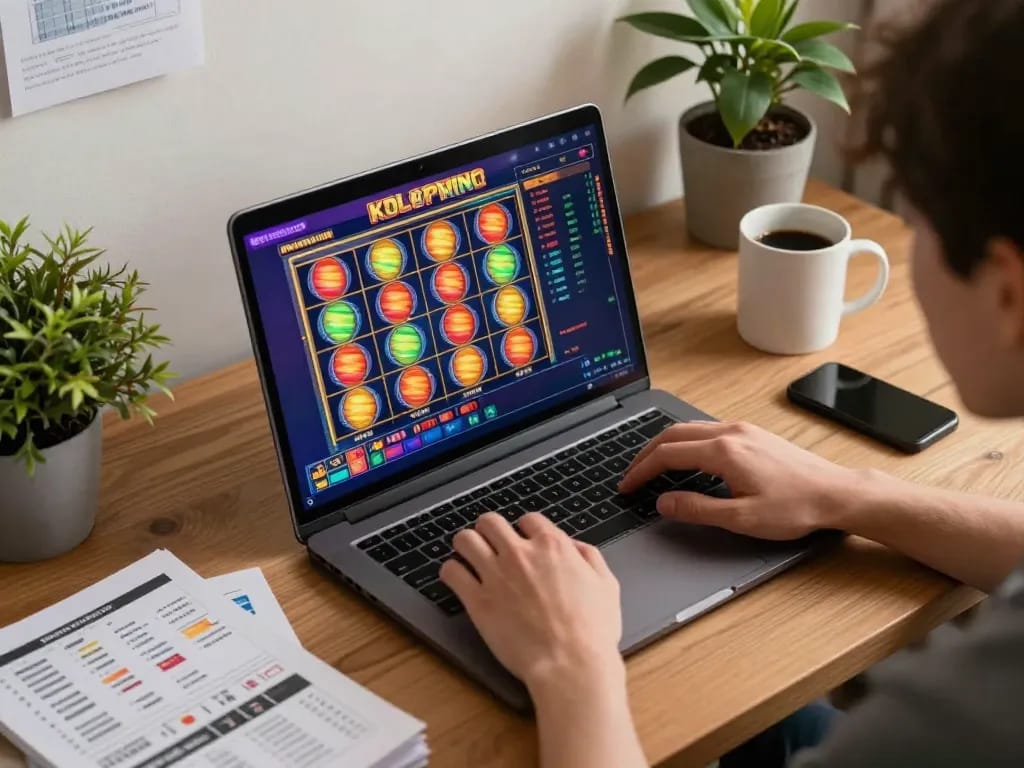 Engaged user spinning kdslot reels on laptop in a cozy home gaming setup.