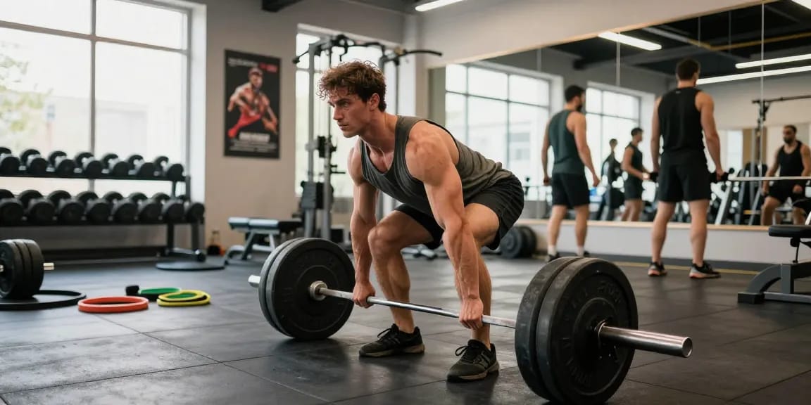 Anabolika Shop - Bodybuilder beim intensiven Training in einem modernen Fitnessstudio, umgeben von Gewichten und motivierender Atmosphäre.
