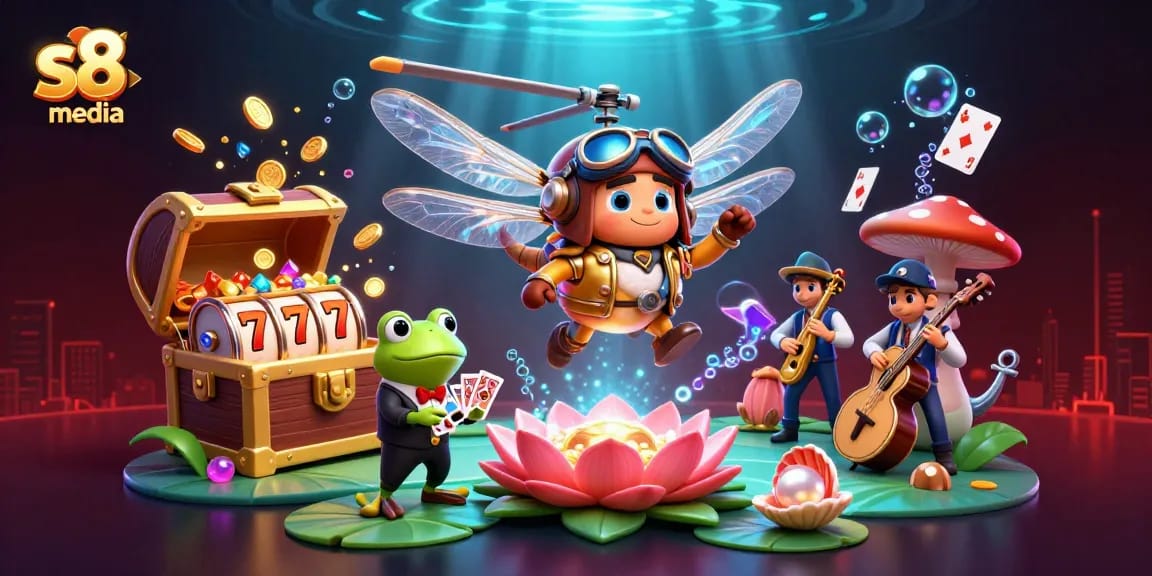 Experience the excitement of s8 media with a lively underwater casino scene featuring a dragonfly pilot and frog dealer.