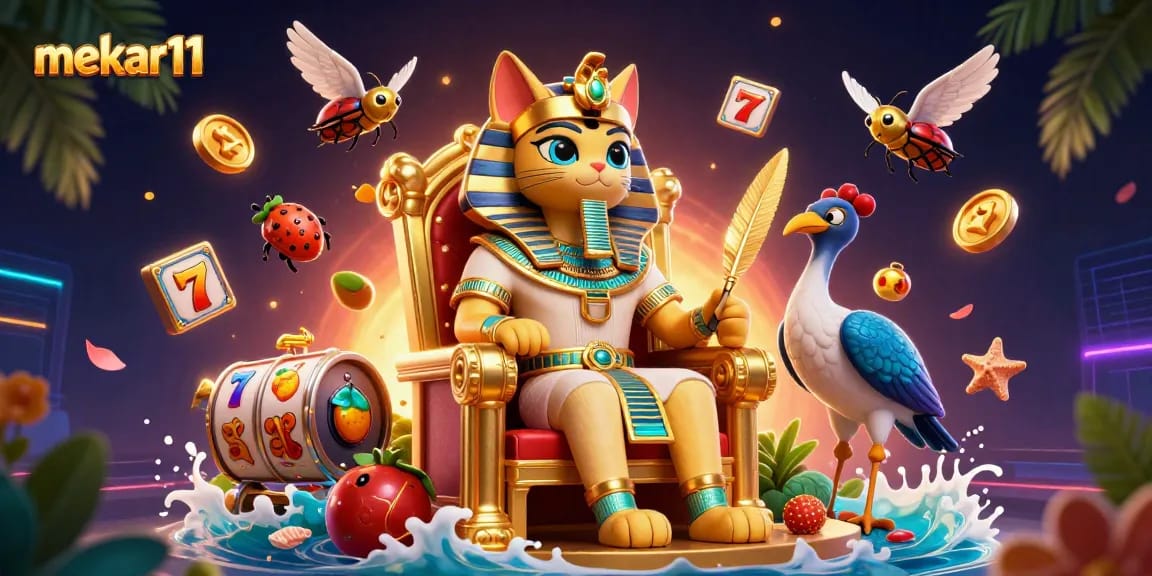 Spin and win big with mekar11 in this dynamic casino scene featuring slot symbols and enthusiastic characters.
