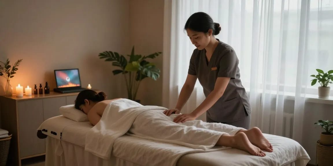 1인샵 마사지 공간에서 편안한 분위기 속에서 마사지 준비하는 모습