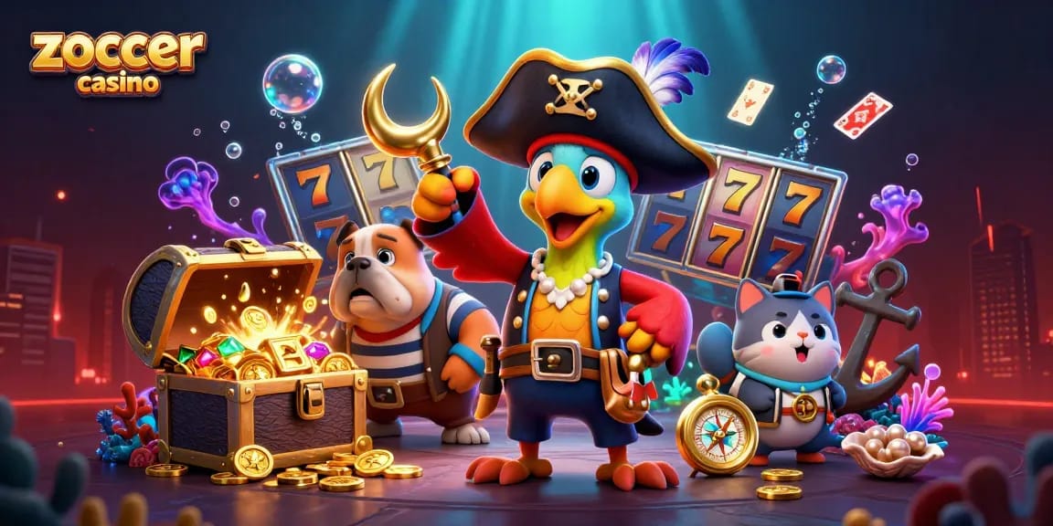 Experience thrilling games at Zoccer Casino with lively cartoon characters and vibrant slot elements.