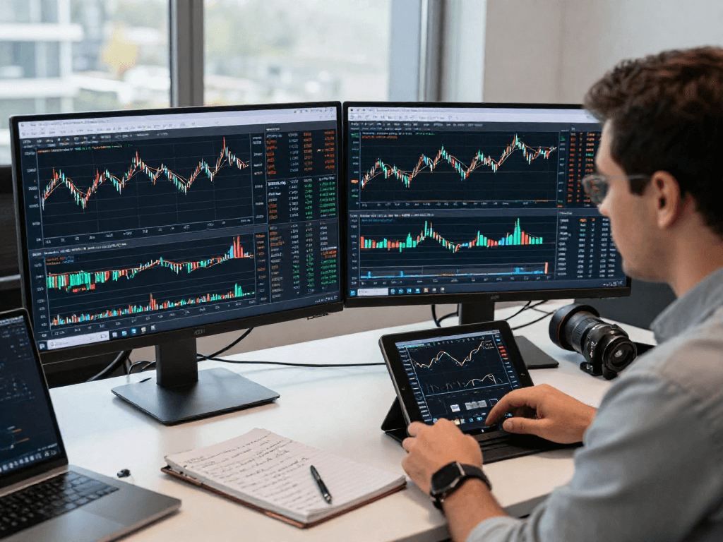 使用TradingView进行市场分析的交易员在现代办公环境中查看多资产图表，集中注意力，促进高效交易。