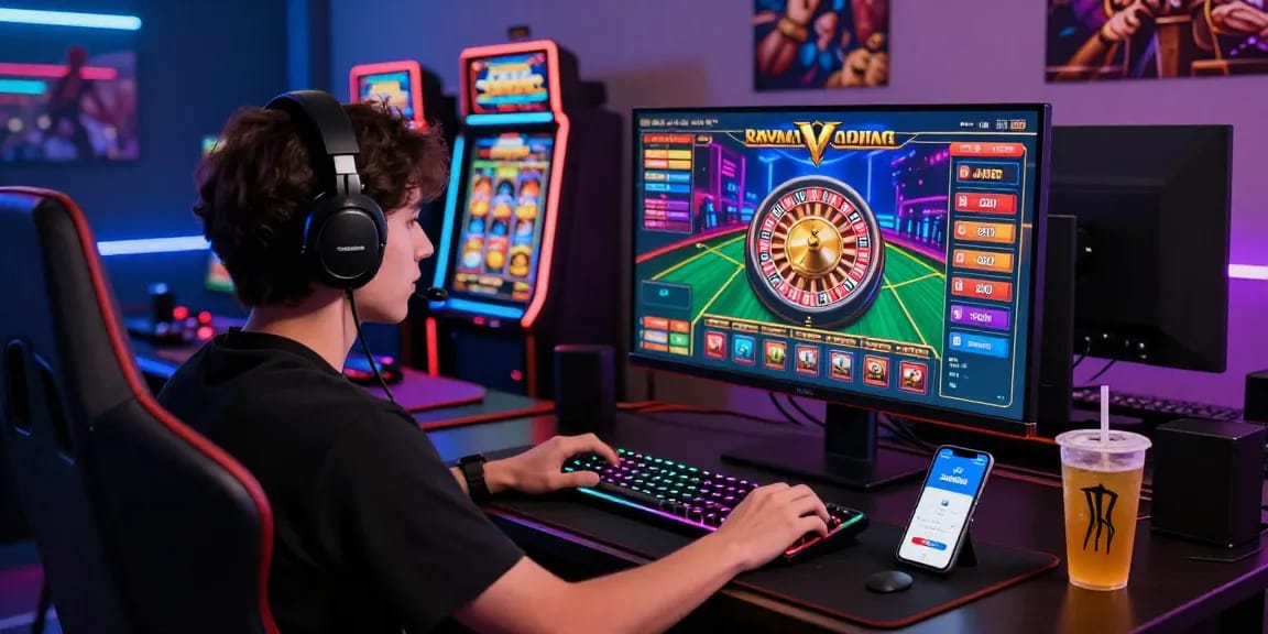 Spieler, der an spannendem Live-Casino-Spiel im Paysafe Card Casino beteiligt ist, umgeben von Spielzeug und lebhaften LED-Lichtern.