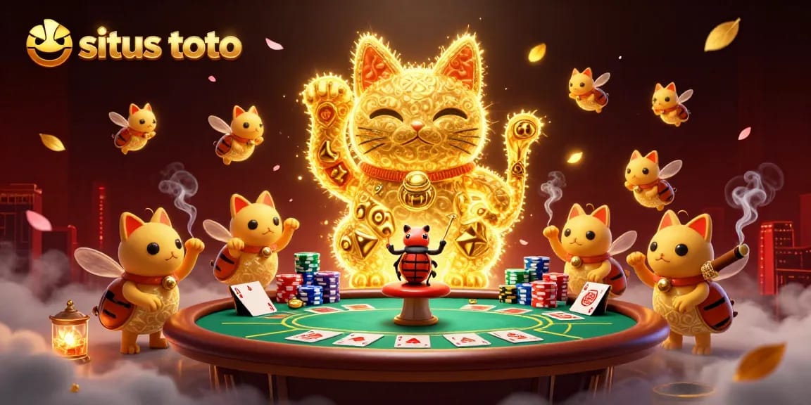 Play exciting games at situs toto featuring a giant lucky cat and vibrant casino elements.