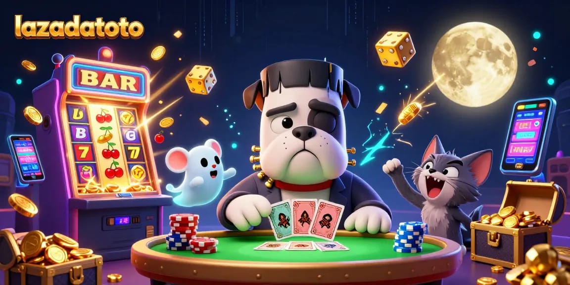 Experience thrilling gameplay with lazadatoto at a haunted casino table featuring unique characters and vibrant slot machines.