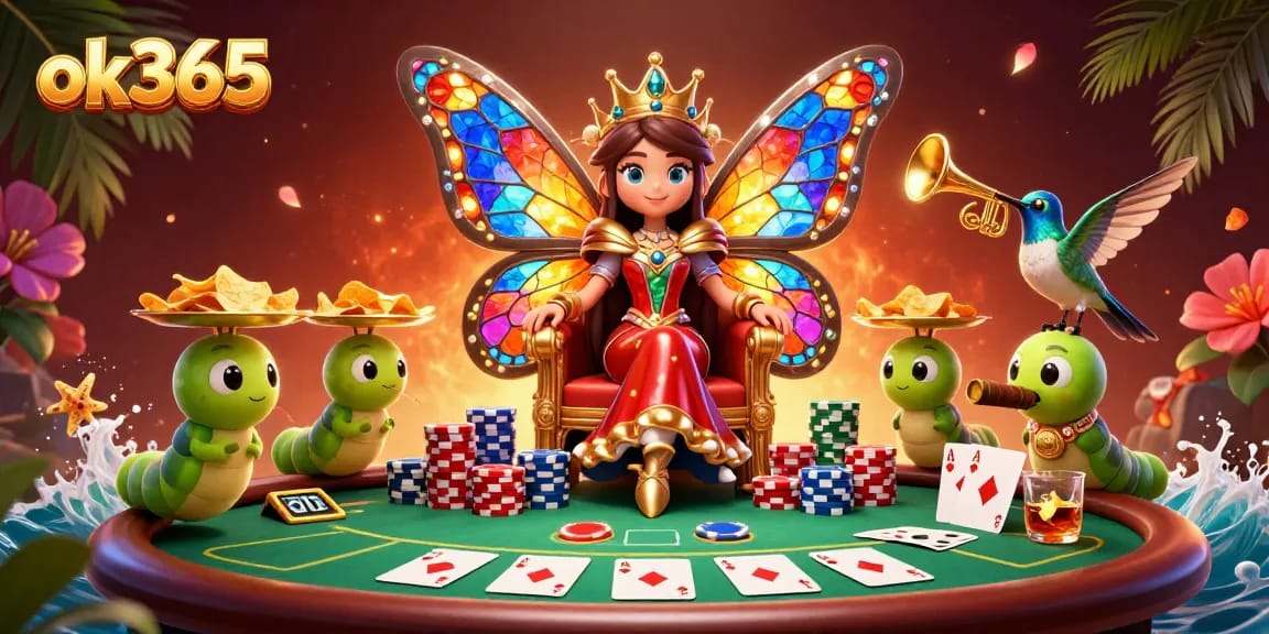 Experience exhilarating play at ok365 with vibrant casino scenes featuring poker tables and royal flushes.