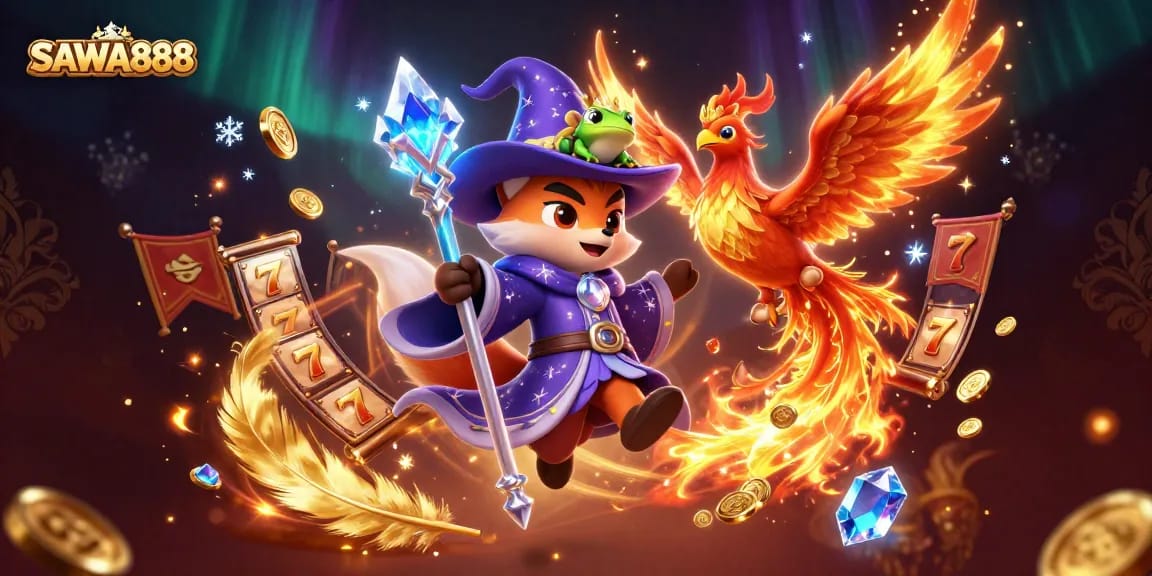 Experience thrilling gameplay visuals at SAWA888 with slot reels and a magical fox.