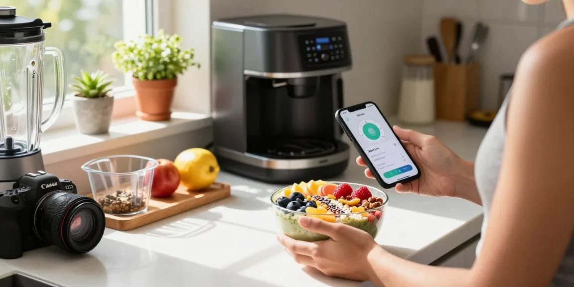Individual using best calorie tracking apps to log breakfast in a modern kitchen.