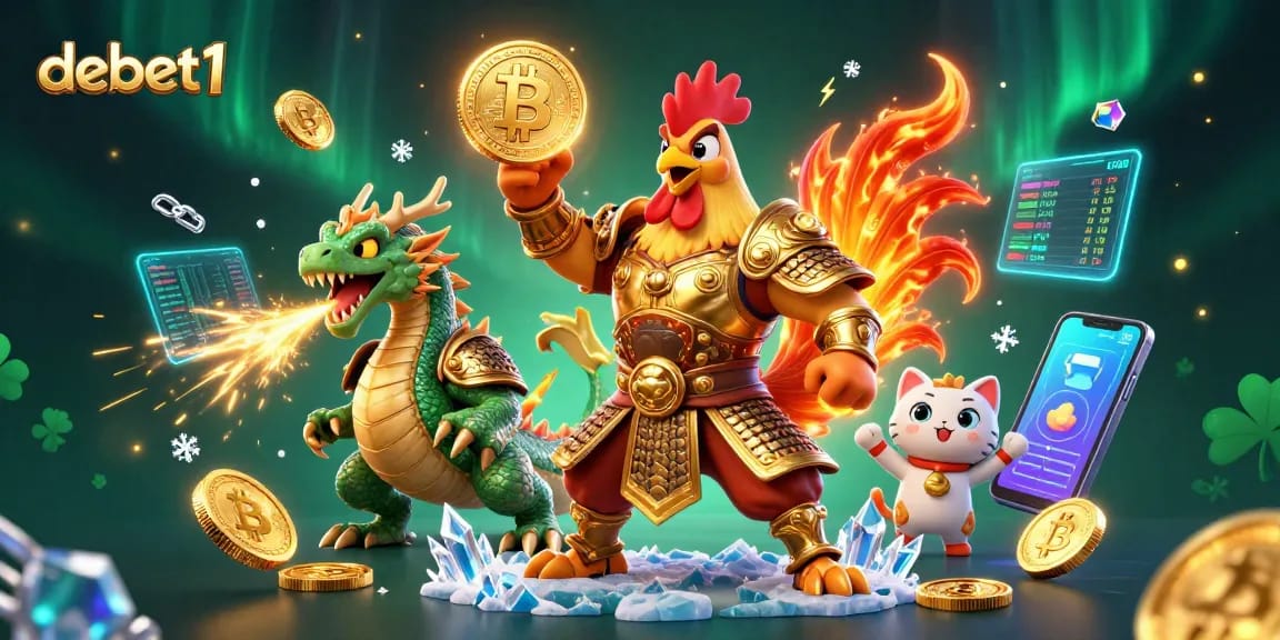 Experience debet1's vibrant casino world with a fighting rooster warrior and dragon in a dynamic setting.