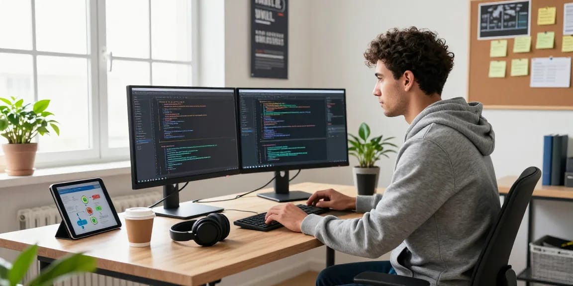 Innovative software engineer coding with sc88 applications at a modern workspace.