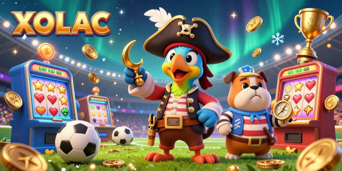 Experience sports betting excitement with XOILAC's vibrant scene featuring dynamic cartoon characters and colorful slot machines.