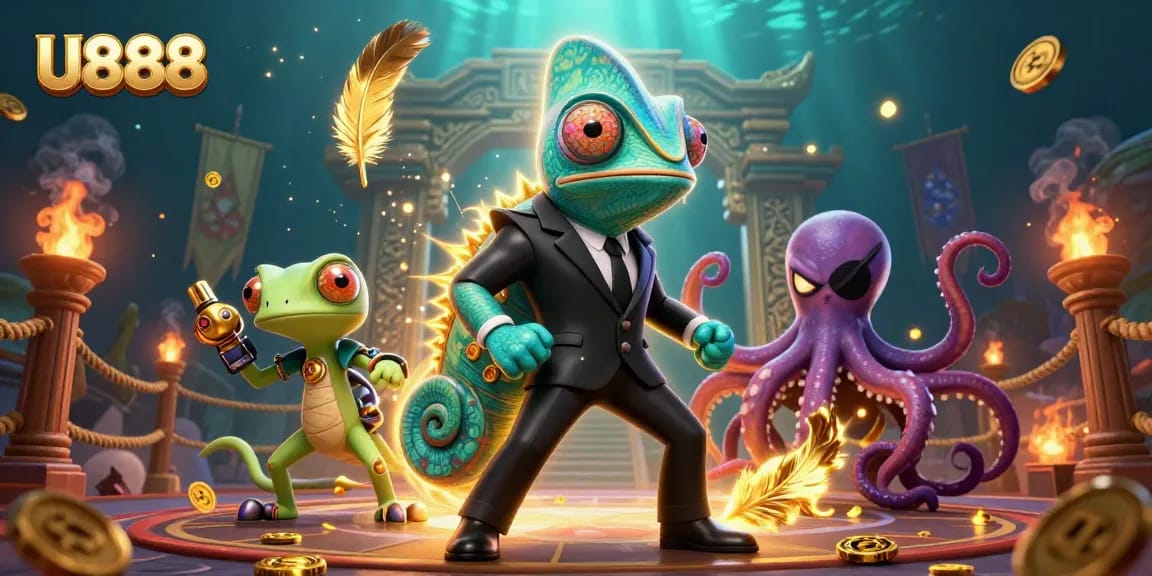Experience the thrill of U888 gaming with a dynamic 3D scene featuring an adventurous secret agent chameleon and his companions.