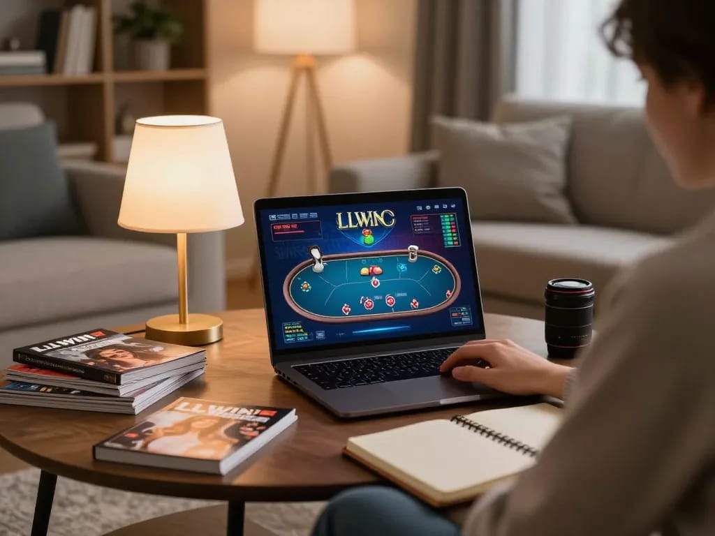 Player engaging with the LLWIN online casino on a laptop, highlighting a cozy gaming environment.
