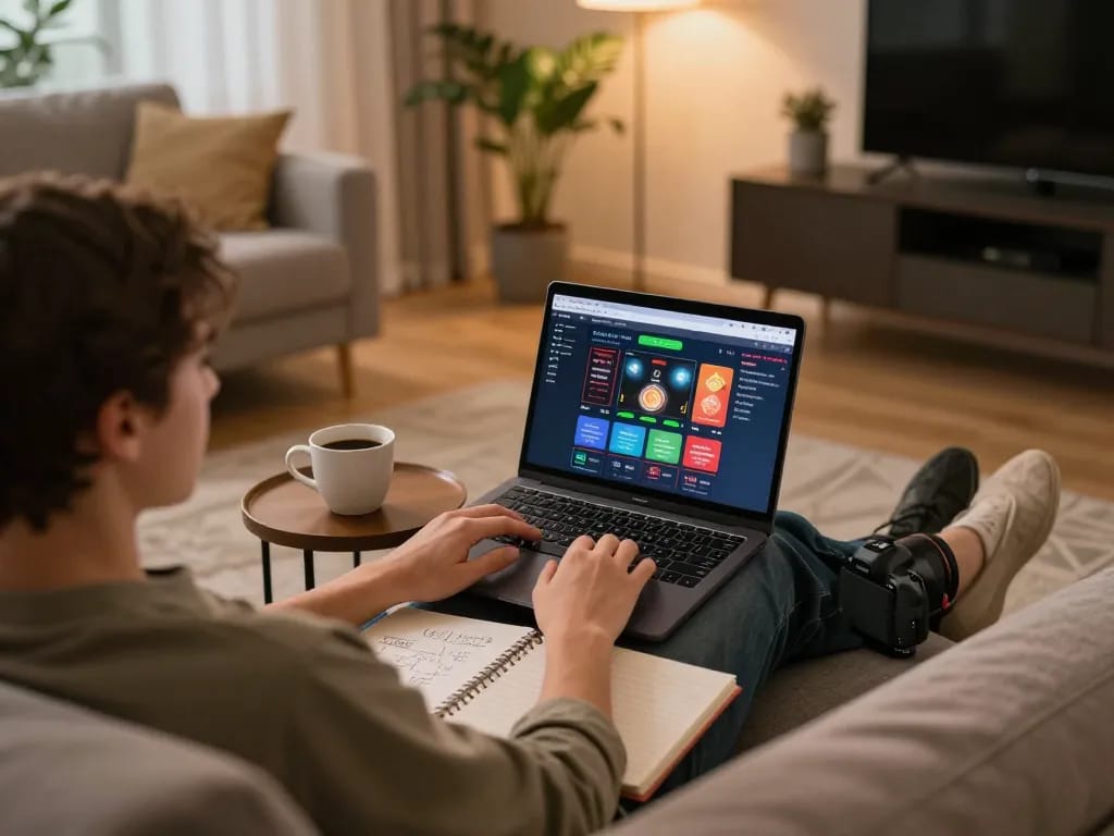 Xoilac online gaming scene with player strategizing while enjoying a cozy home atmosphere.