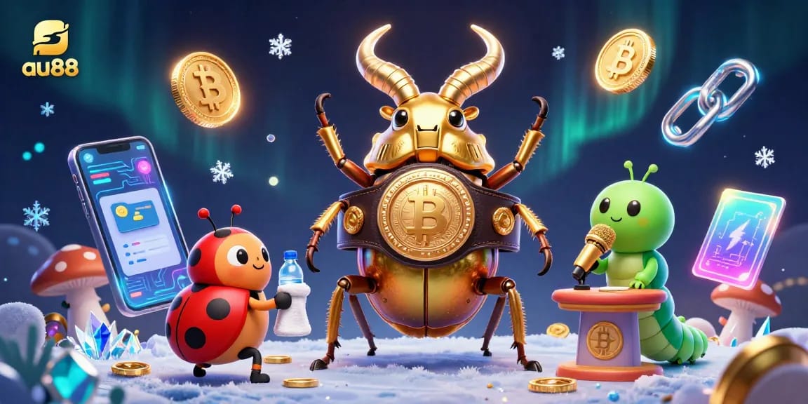 Play a thrilling game at au88 with a vibrant 3D illustration of unique casino characters and crypto elements.
