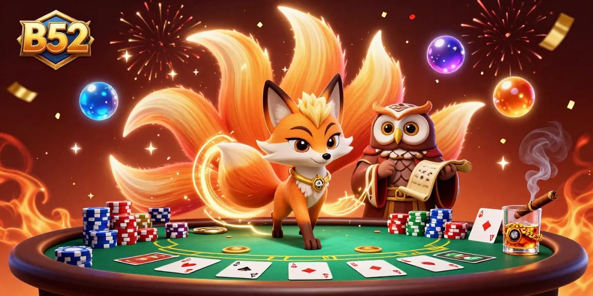 B52 players strategize at a colorful poker table with vibrant chips in a magical atmosphere.