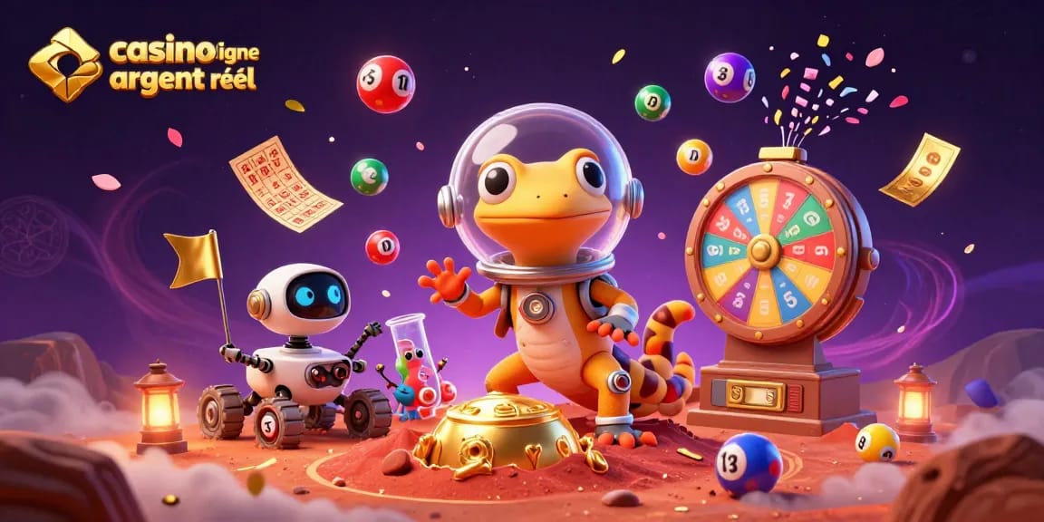 Jouez avec des jeux de casino en ligne argent réel dans une illustration colorée remplie d'éléments de jeu.