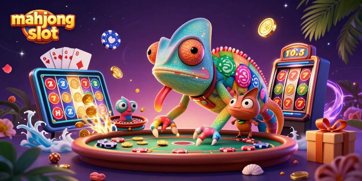Engage with the mahjong slot experience featuring a colorful chameleon and dynamic casino elements.