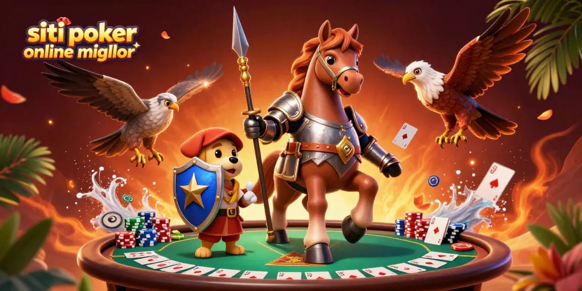 Gioca nei siti poker online migliori con un'illustrazione che mescola elementi emozionanti del poker e dettagli vividi.