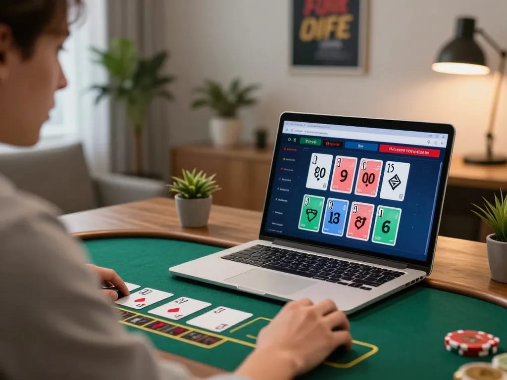 Player strategizing in XX88 online blackjack game on laptop in stylish home office setting
