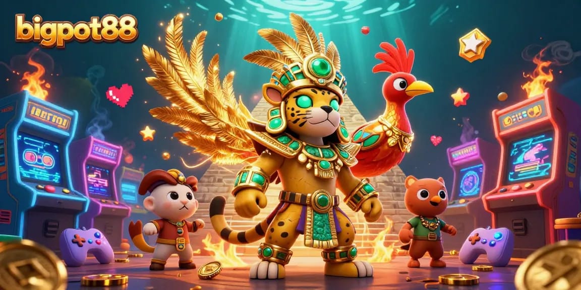 Experience bigpot88 with a vibrant scene of a Mayan priest alongside gaming elements.