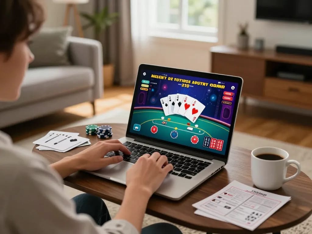 Player engaging with RR88 online casino's poker interface in a cozy home setup.
