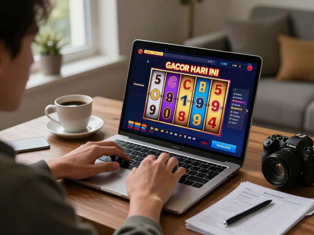 Engage with slot gacor hari ini while enjoying a dynamic online casino gaming session on a laptop.