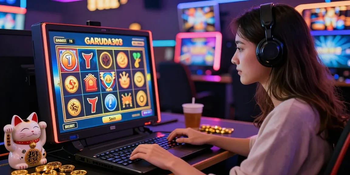 Exciting slot deposit 1k gameplay experience at GARUDA303 with a focused player and vibrant game graphics.