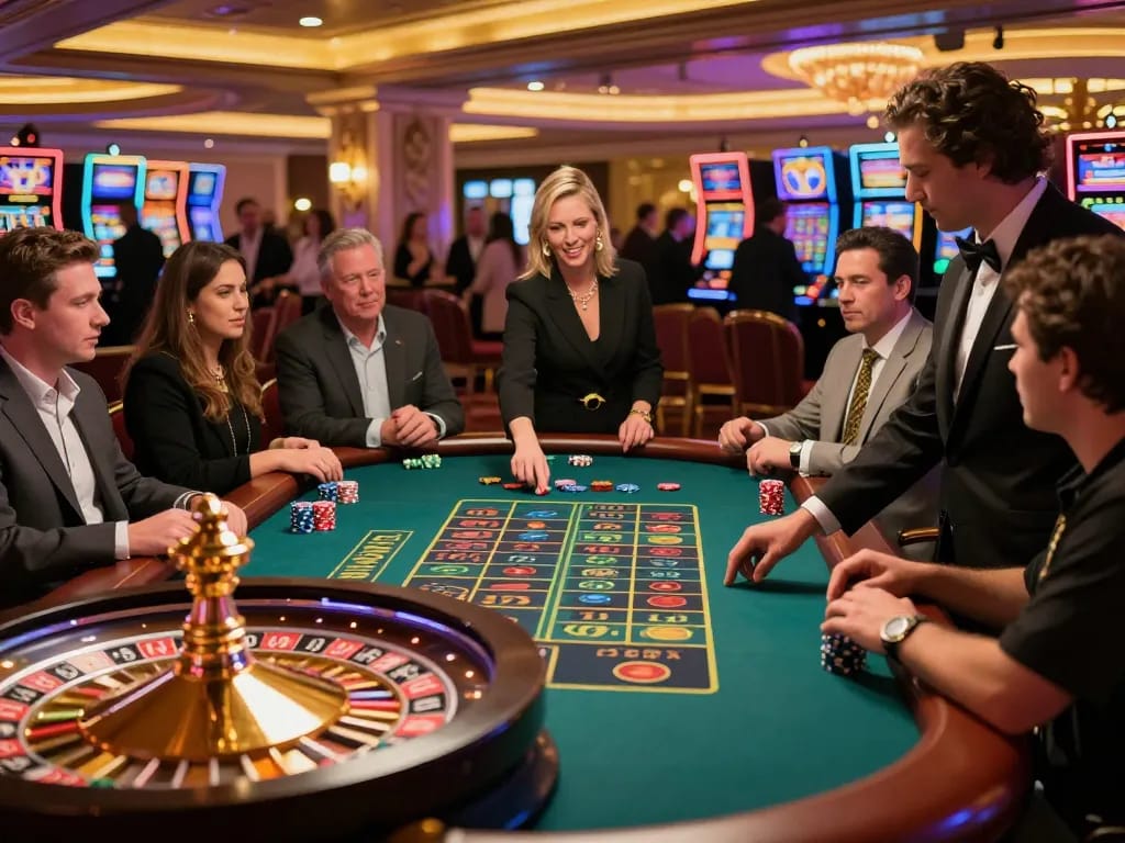 Experience strategic gameplay at vipwin's luxurious roulette table with players and croupier
