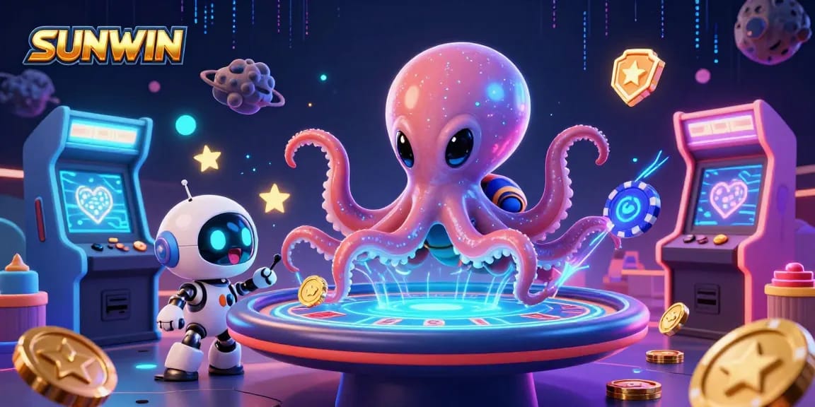 SUNWIN gaming scene with an alien octopus at a holographic poker table, vibrant 3D elements.