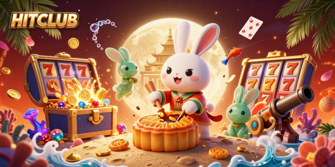 Engage with HITCLUB in this vibrant 3D scene featuring a moon rabbit amidst slot machines and poker chips.