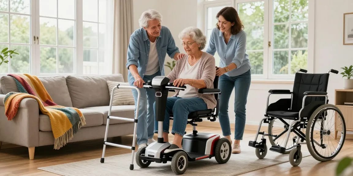 Woman using medical mobility equipment in a warm family setting, enhancing independence.