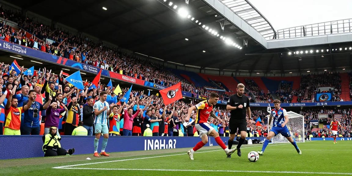Exciting Premier League Match with fans cheering and players in action on the field at BK8 stadium.
