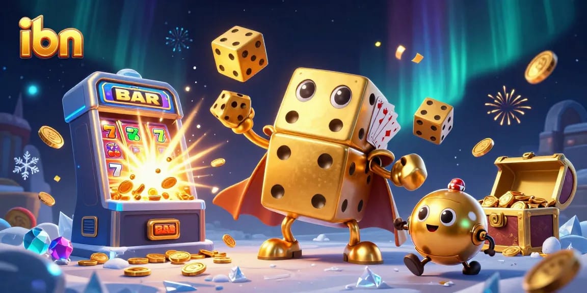 Engage with the vibrant scene of ibn's golden dice golem and casino excitement in a festive 3D illustration.