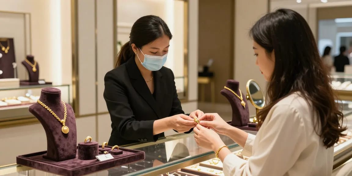 Discover today's gold price for today in Malaysia with luxurious gold jewelry displayed in an upscale store setting.
