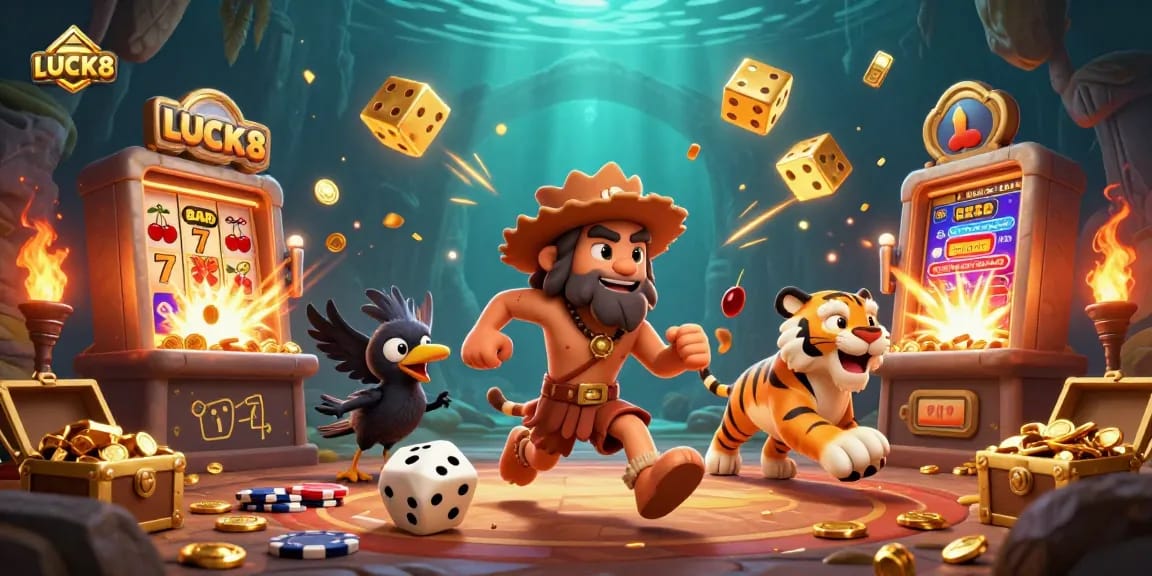 LUCK8 brings the thrill of casino gaming with a dynamic prehistoric scene of caveman characters and jackpot excitement.