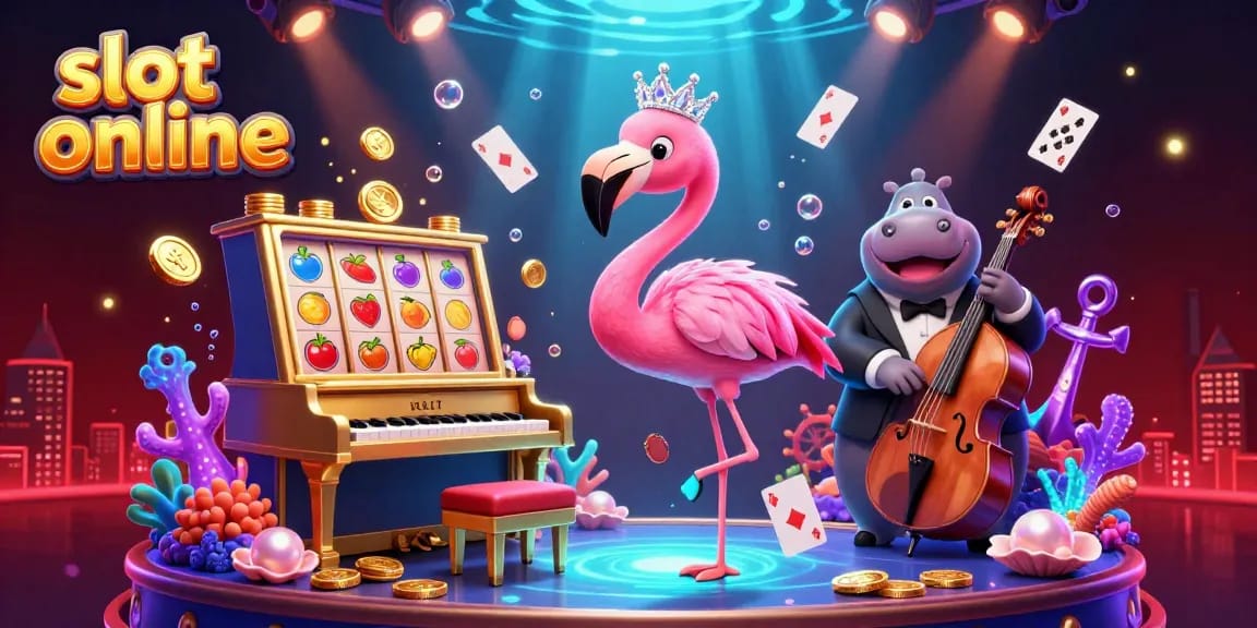 Menyenangkan dengan slot online, flamingo penyanyi kasino dan hippo musisi di tengah tumpukan koin emas dan simbol buah.