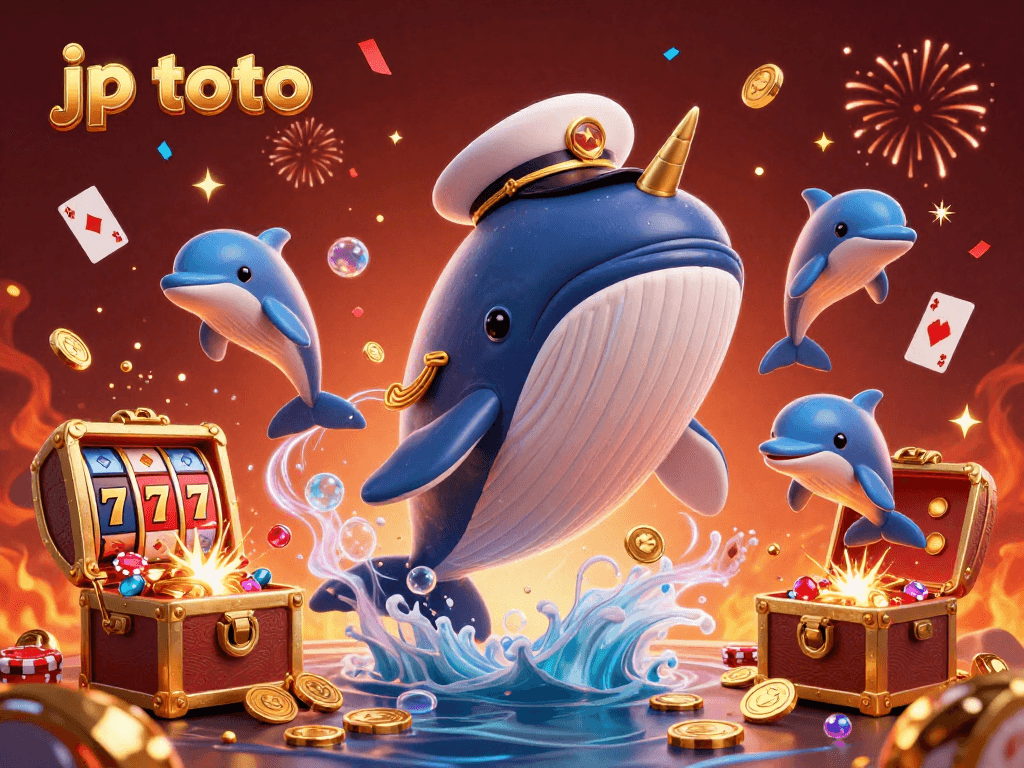 Experience vibrant gaming with jp toto as a cartoon whale and friends celebrate a casino-themed adventure.