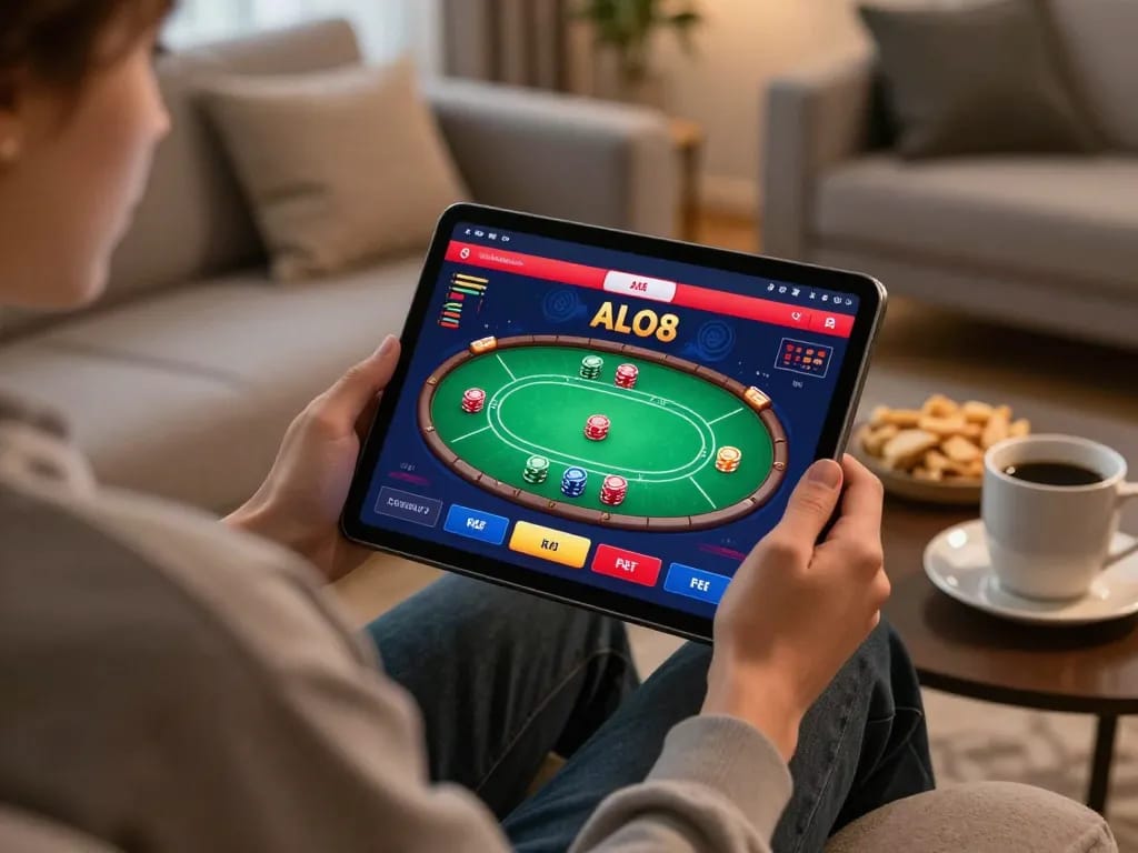 Person enjoying ALO8 app on a tablet while practicing responsible gambling at home.