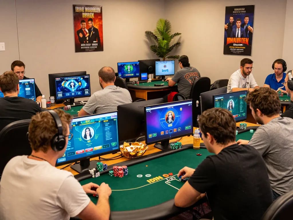 Players enjoying competitive IDN poker tournament in modern workspace.