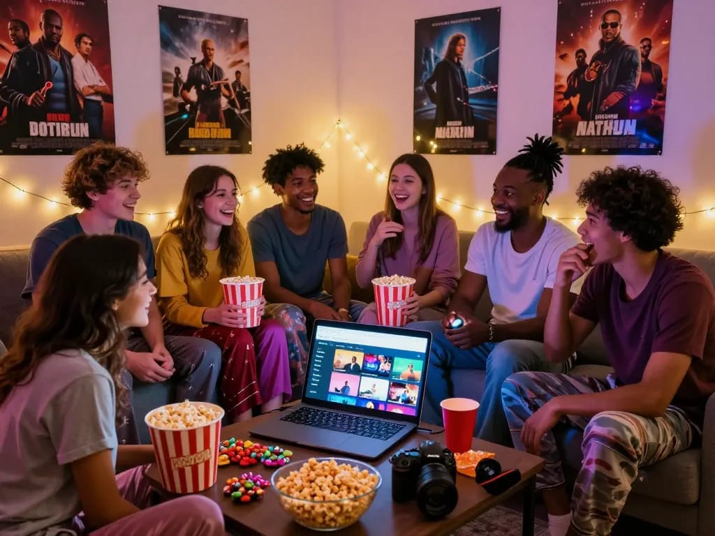 Friends enjoying a cozy movie night with pgbokep streaming on a laptop