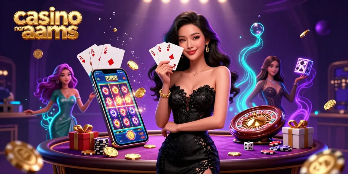 Scopri il brivido del casino non AAMS con una donna asiatica glamour che tiene in mano le carte da gioco tra elementi di gioco vivaci.