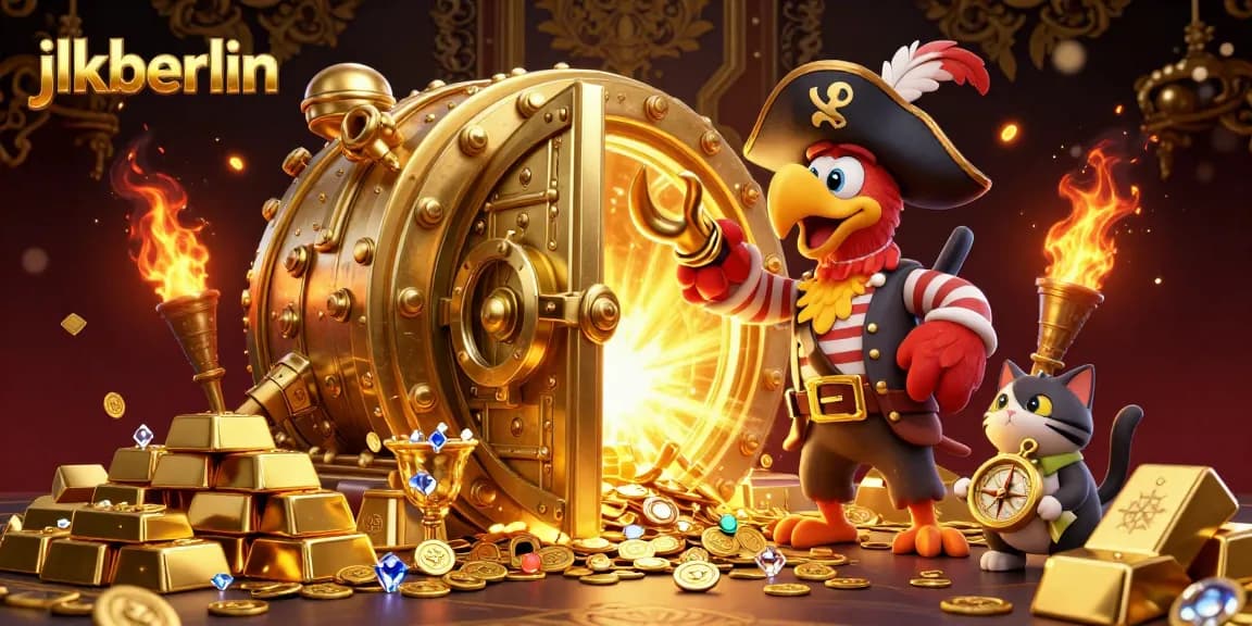 Engage with jlkberlin's vibrant treasure-themed gaming scene featuring golden vaults and adventurous characters.