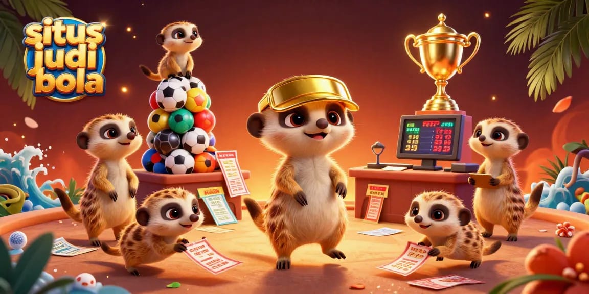 Situs judi bola sports betting table scene with meerkats and colorful balls creating an engaging atmosphere