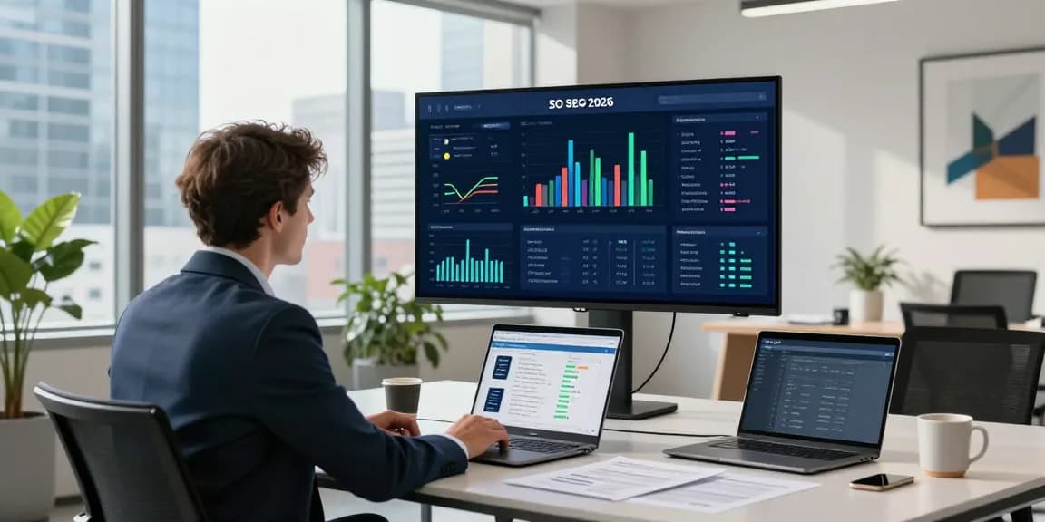 Professional SEO strategist analyzing data in office for Link building services strategy, bright city view.